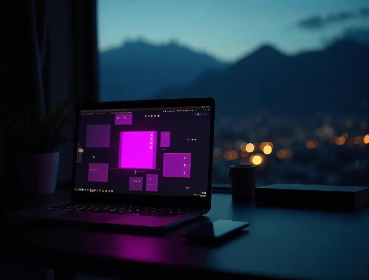 Diseño web con vista a Quito Laptop con un diseño web en tonos morados sobre un escritorio, frente a montañas y luces de la ciudad al anochecer