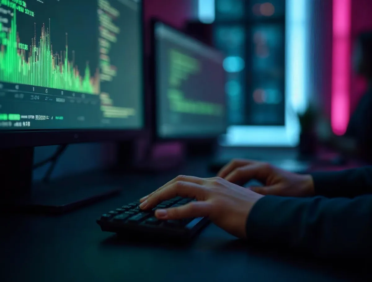 Gestión y mantenimiento de sitios web Manos escribiendo en un teclado frente a monitores con gráficos y código para gestionar una página web