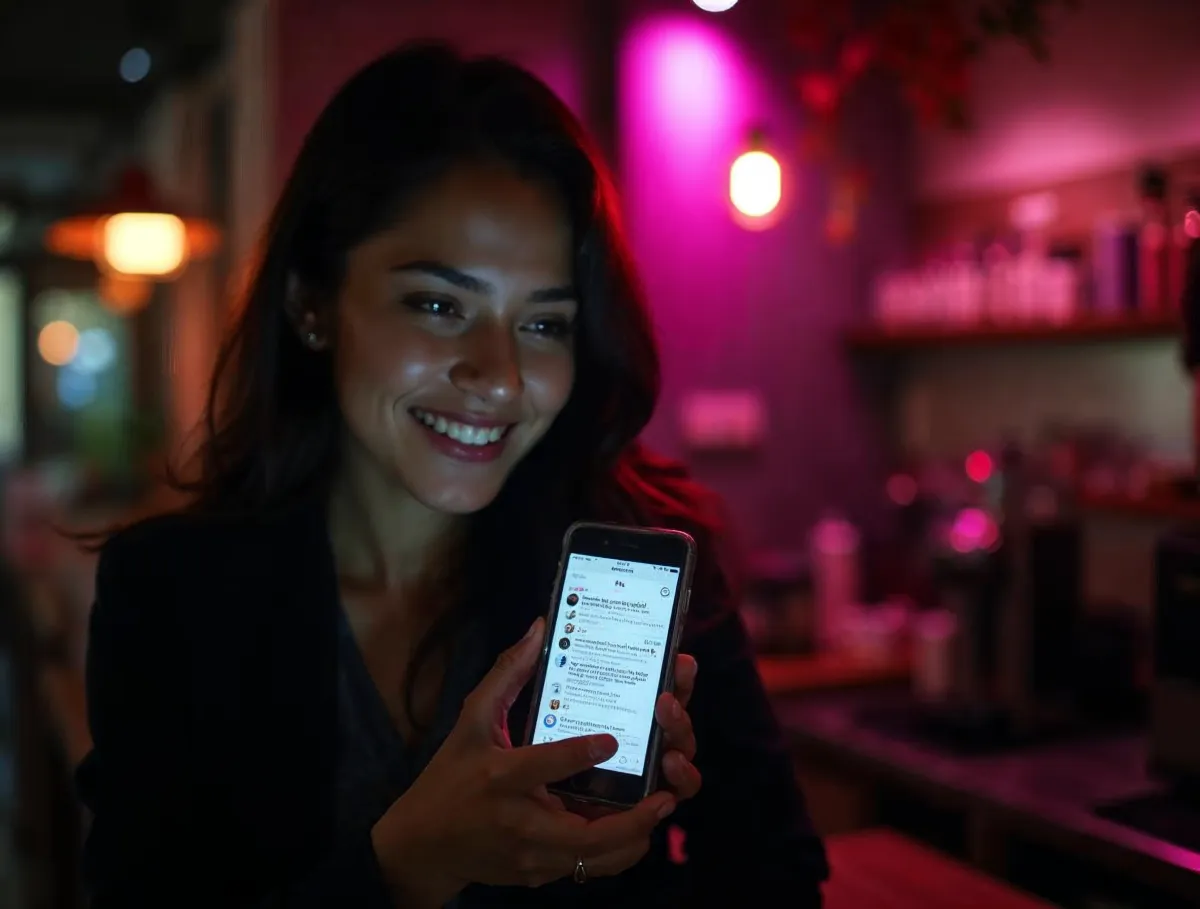 Gestión de redes desde el móvil Mujer sonriente revisando notificaciones de redes sociales en su celular dentro de un café con luces rosadas